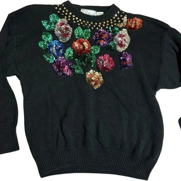 RARE VTG 1980s knitted sweater with beaded sequin floral embroidery - Picture 1 of 8